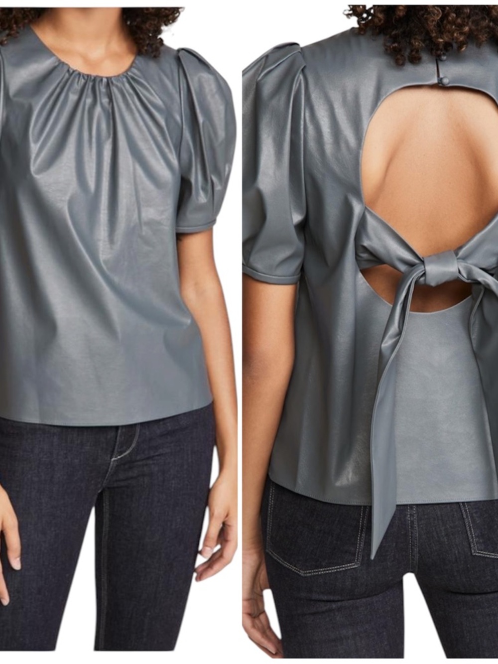 Tanya Taylor Gray Blue Carol Faux Leather Short Sleeve Cut Out Top 4